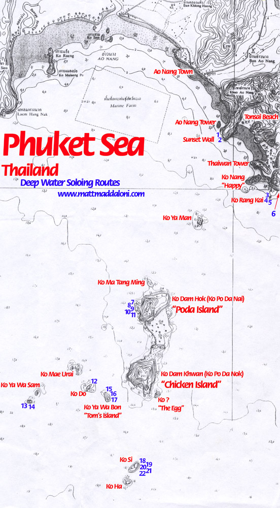 Map of deep water soloing climbing routes around Railey Beach Thailand